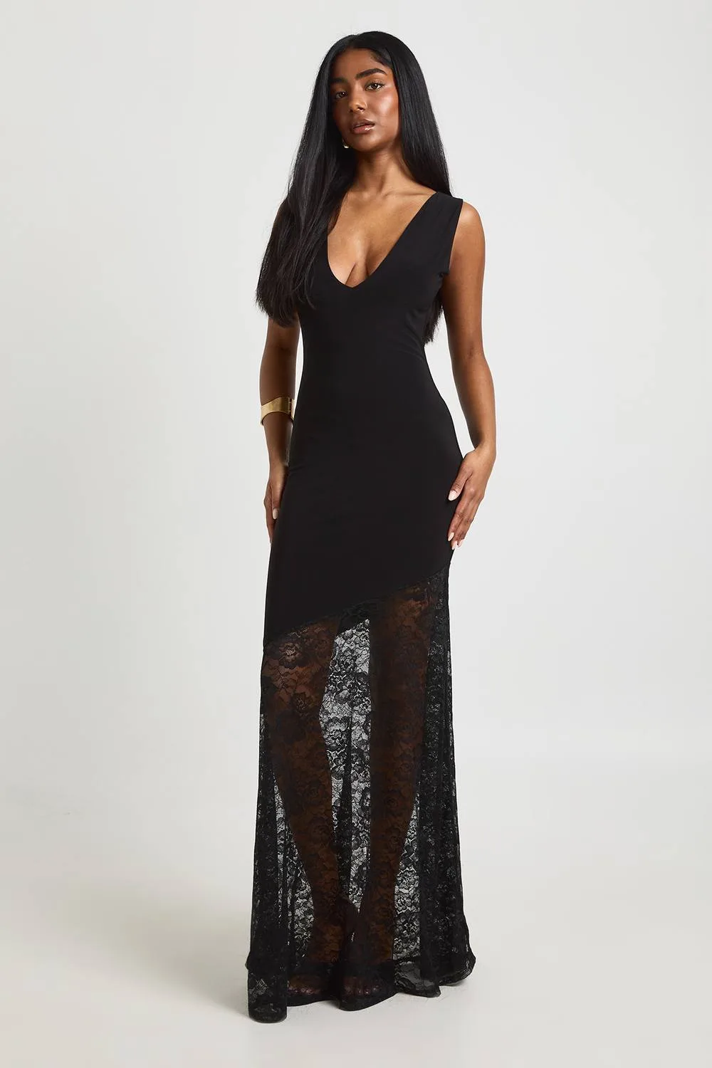 Slinky Plunge Front Sleeveless Lace Hem Maxi Dress