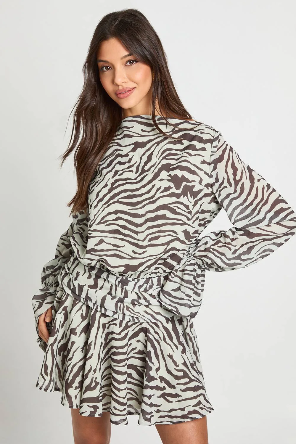 Zebra Printed Slash Neck Smock Dress by boohoo