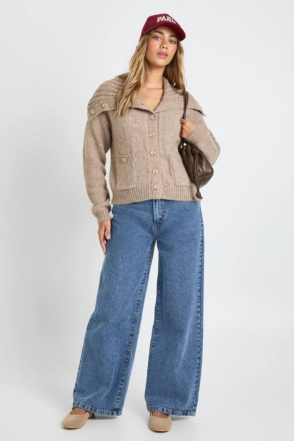 Chunky Knit Oversized Collar Detail Button Through Cardigan - Stone by boohoo