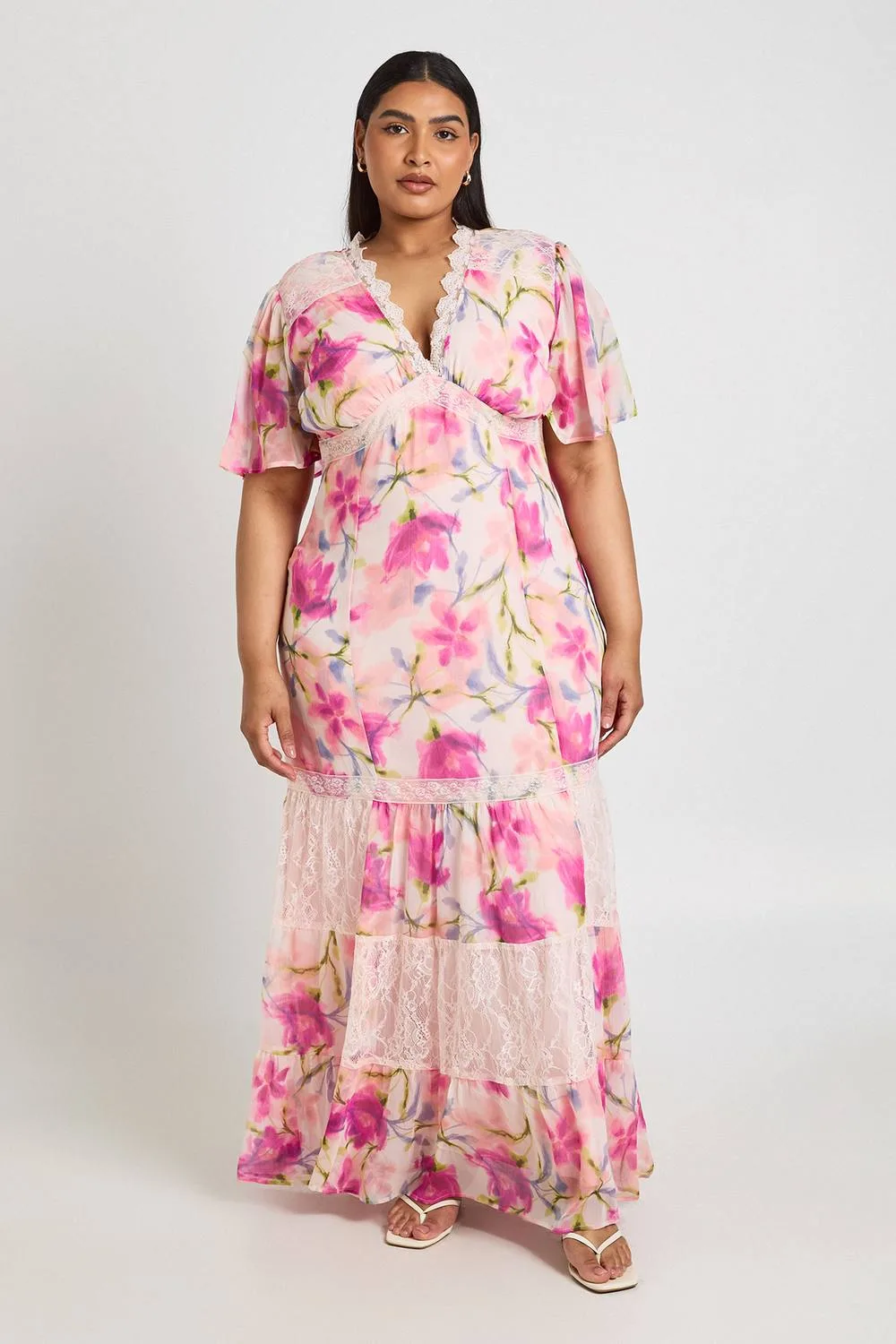 Floral Chiffon Lace Trim Maxi Dress by boohoo