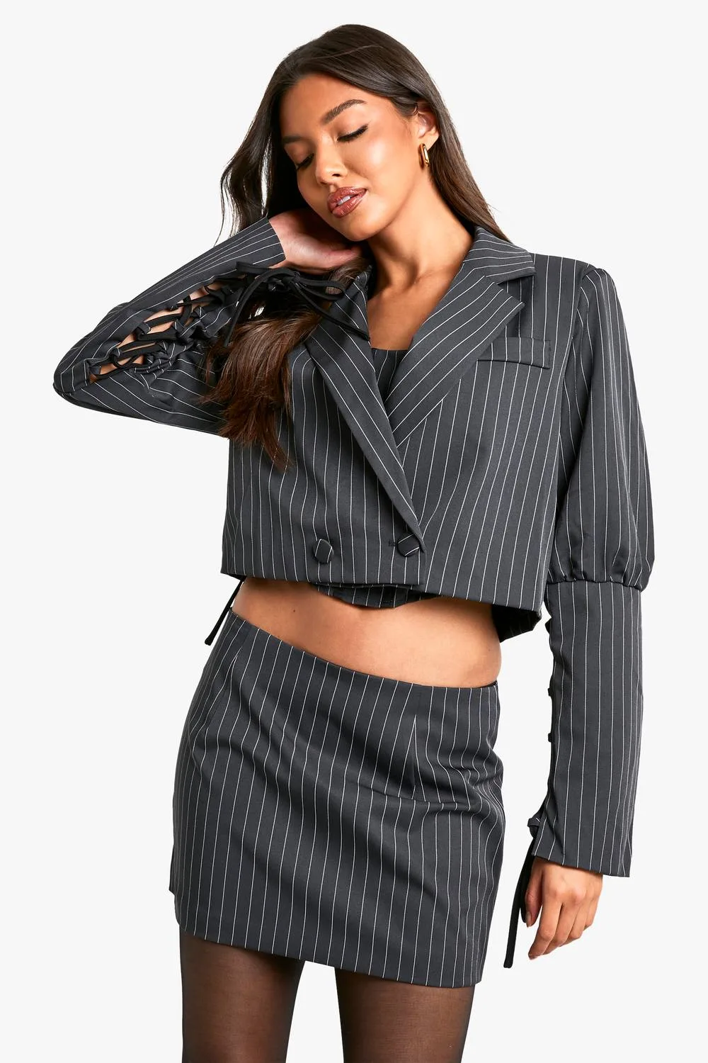 Pinstripe Lace Up Sleeve Cropped Blazer by boohoo