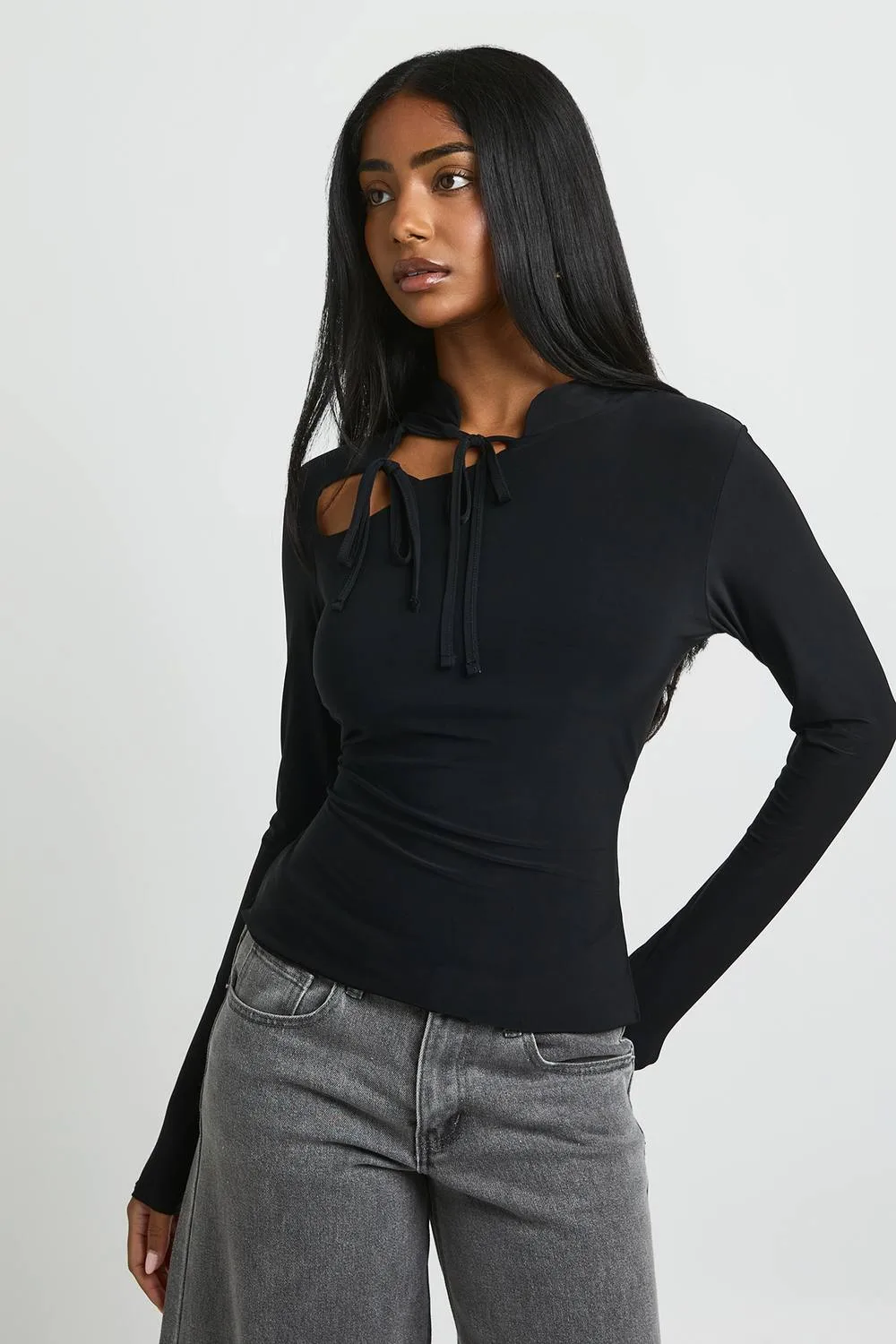 Tie Neck Cut Out Long Sleeve Top