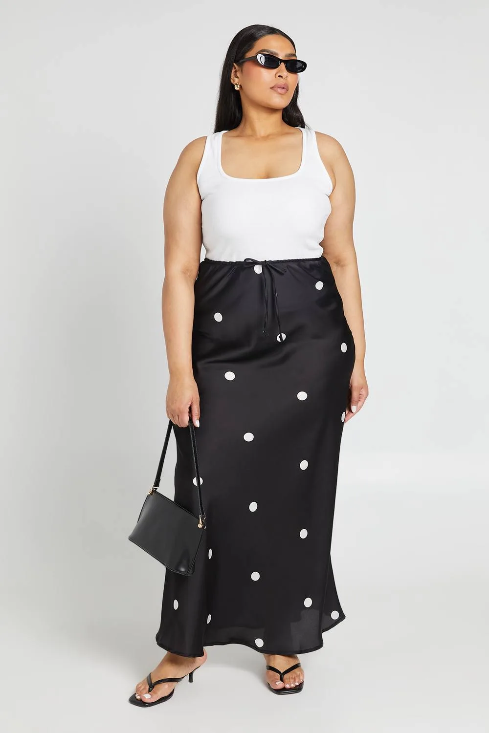 Polka Dot Satin Drawcord Maxi Skirt by boohoo