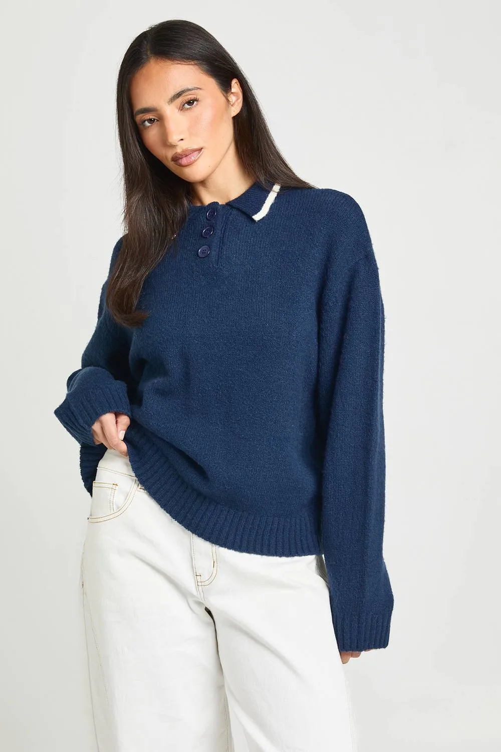 Contrast Collar Chunky Knitted Jumper by boohoo