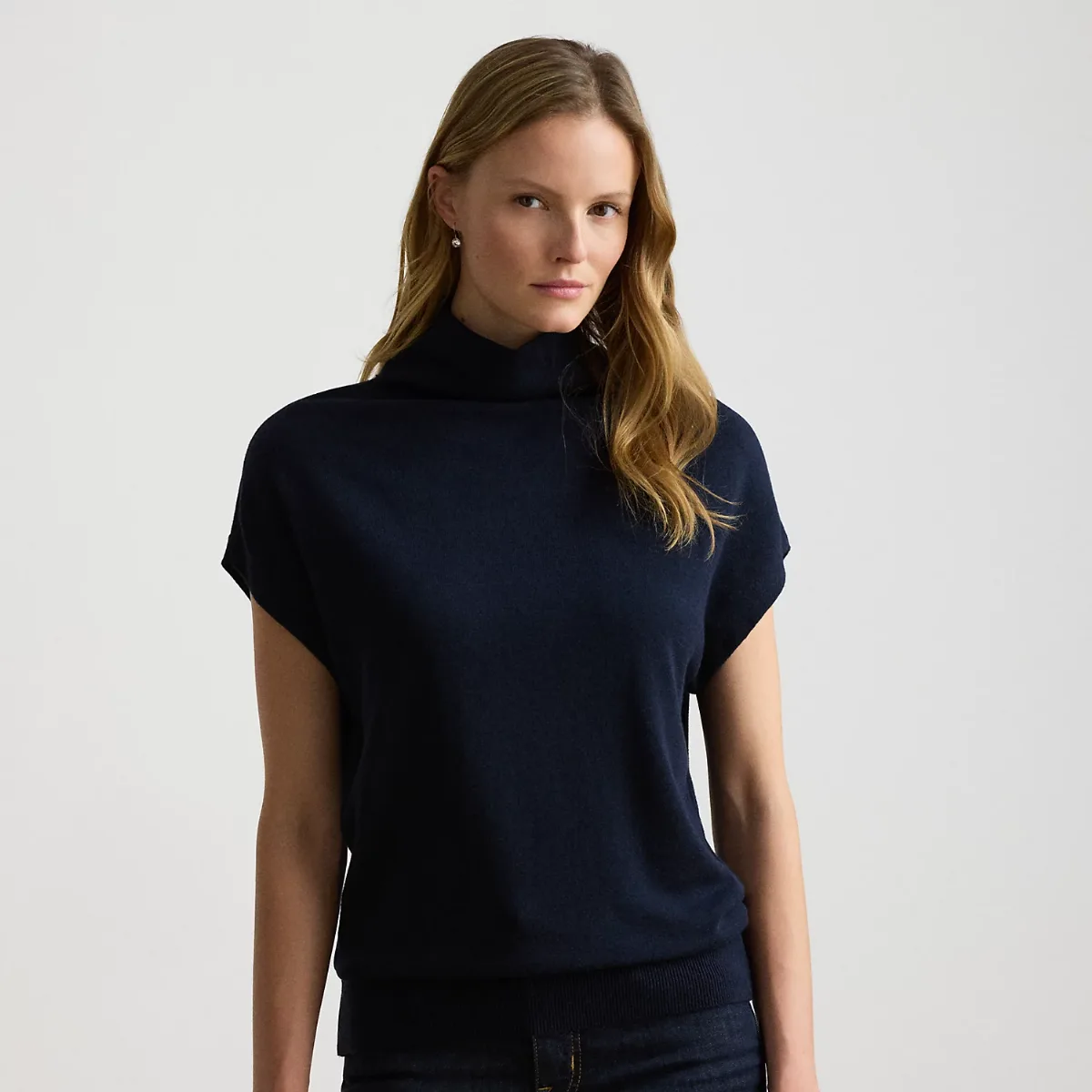 Cotton-Modal Mockneck Cap-Sleeve Sweater by Ralph Lauren