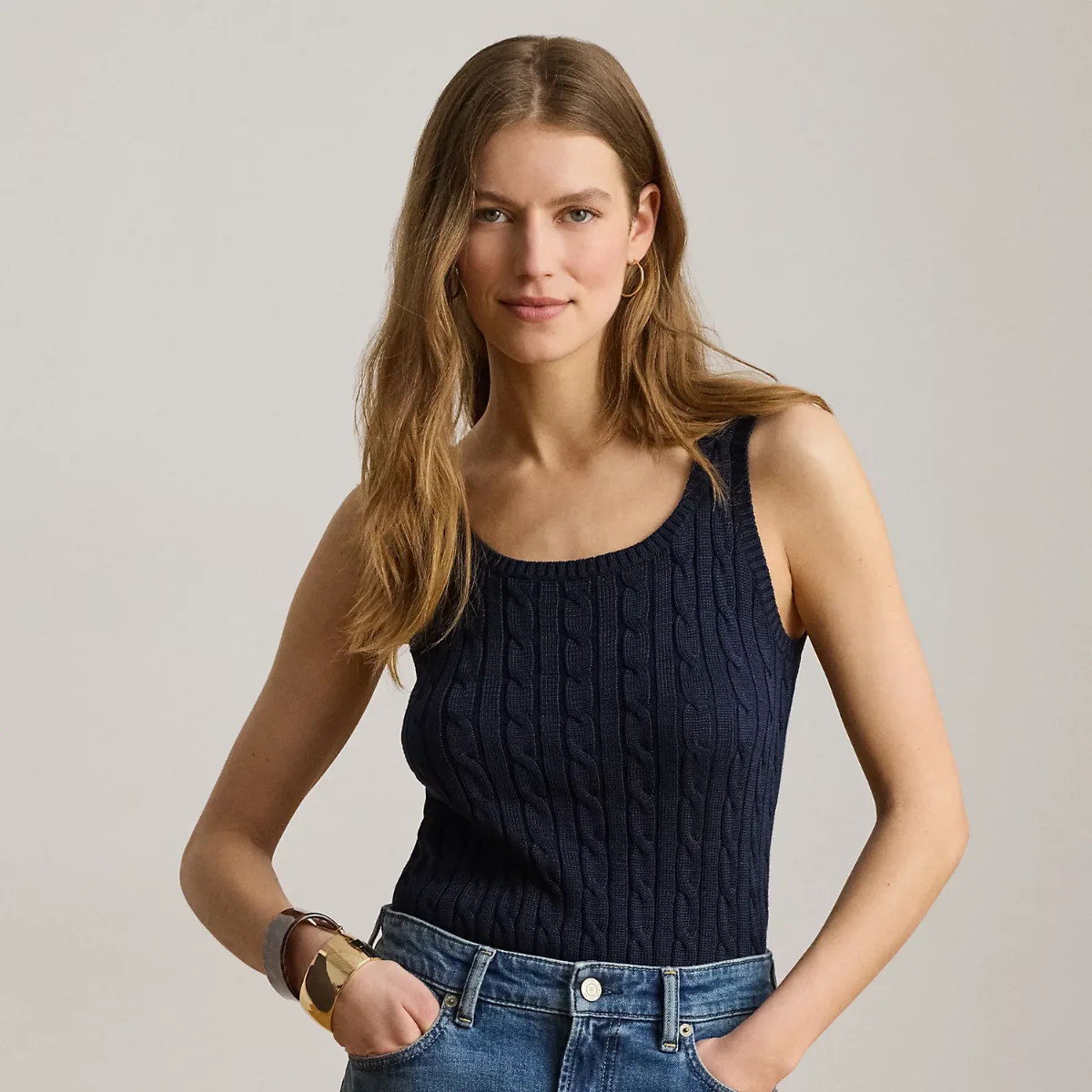 Cable Cotton-Blend Sleeveless Sweater