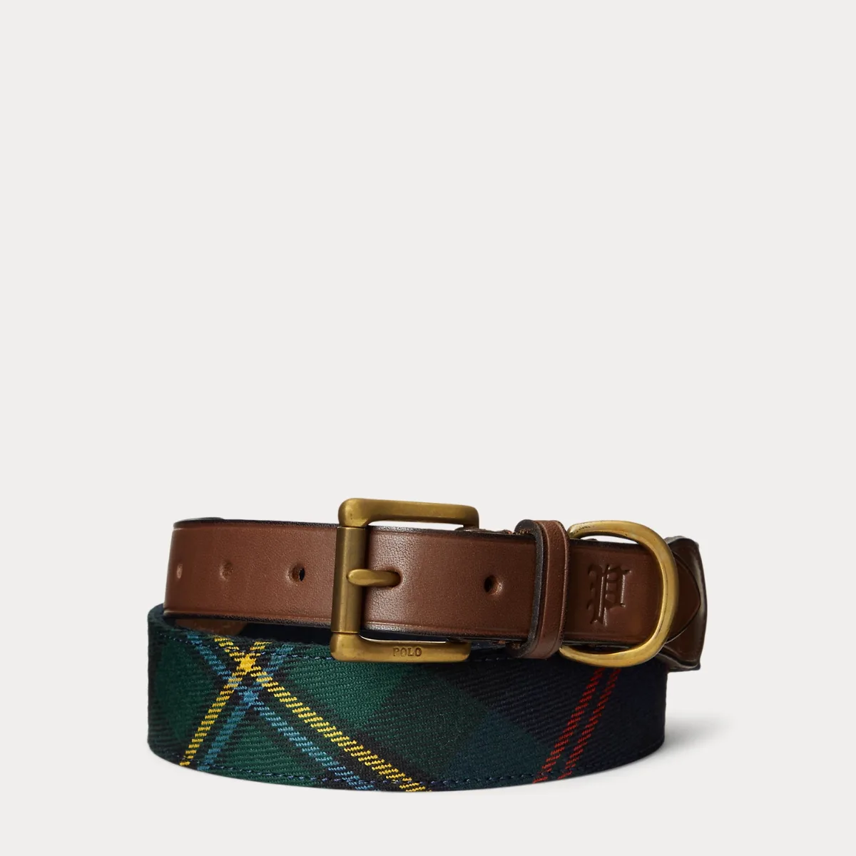 Leather-Trim Plaid Belt by Ralph Lauren