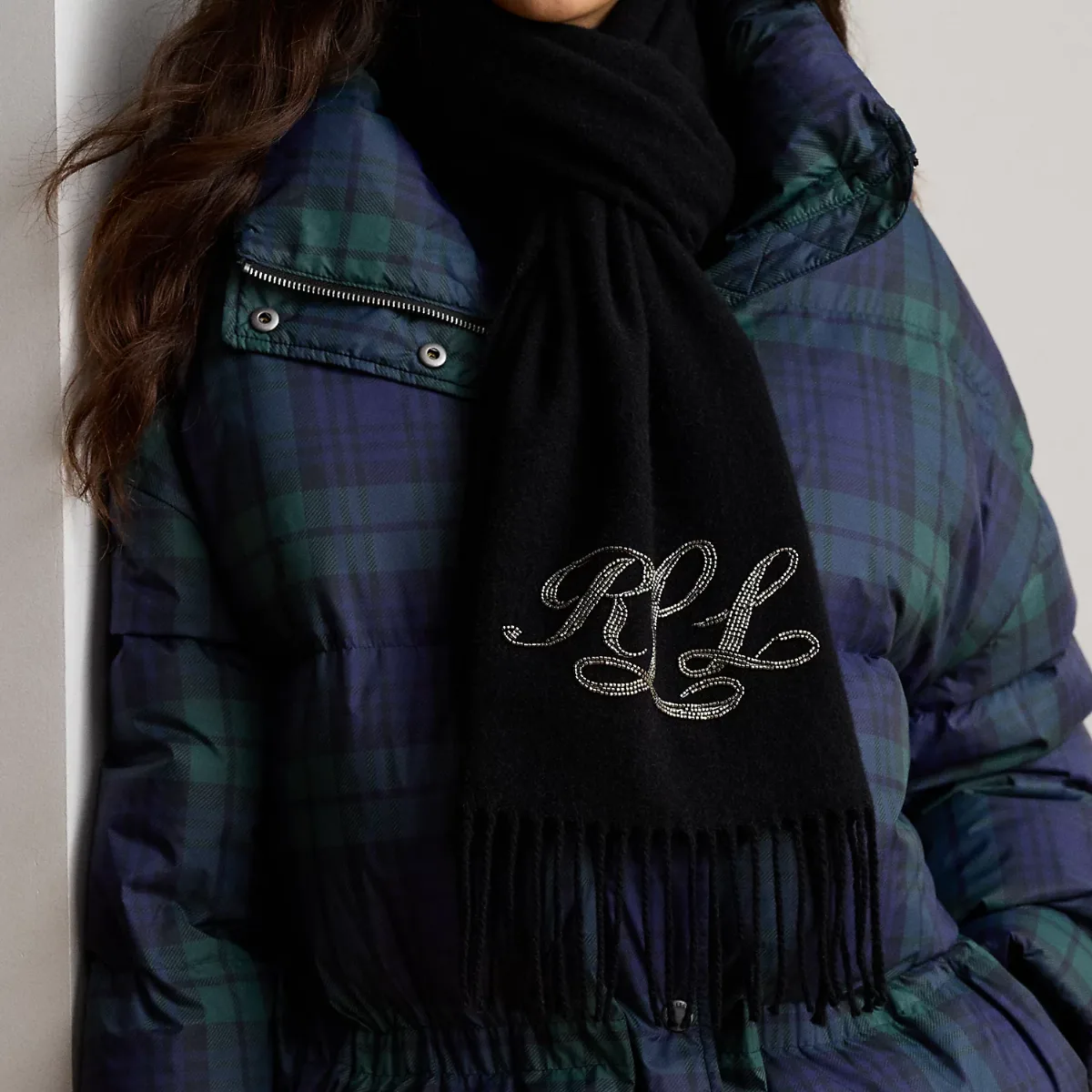 Beaded-Logo Fringe-Trim Wool Scarf by Ralph Lauren