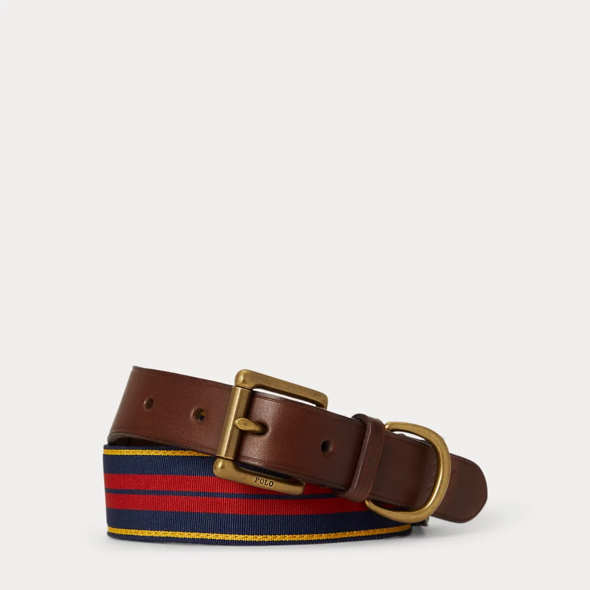 Leather-Trim Striped Grosgrain Belt by Ralph Lauren