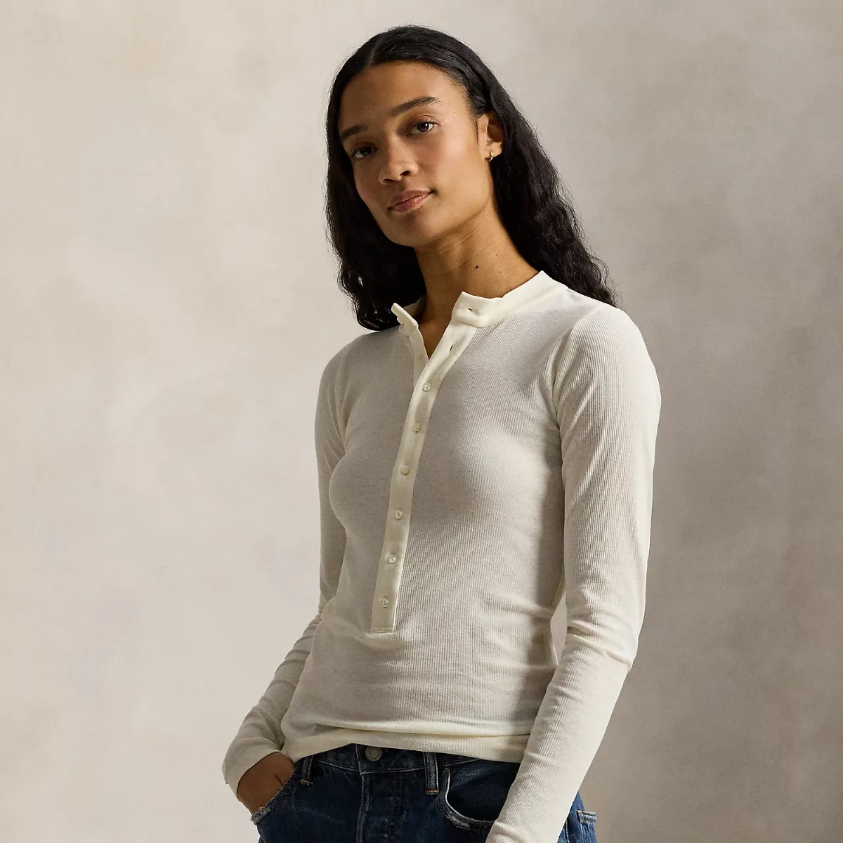 Ribbed Crepe Henley Shirt