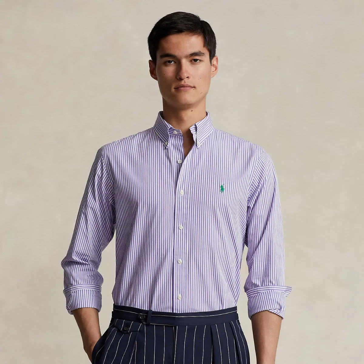 Classic Fit Striped Stretch Poplin Shirt