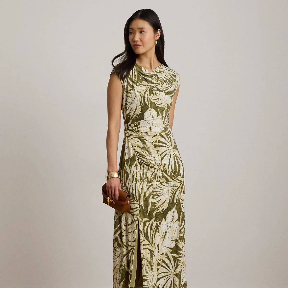Palm-Frond-Print Jersey Cowlneck Dress by Ralph Lauren