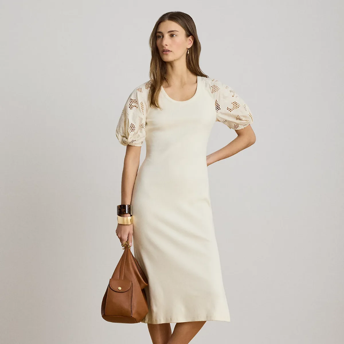 Rib-Knit Cotton Eyelet-Puff-Sleeve Dress by Ralph Lauren