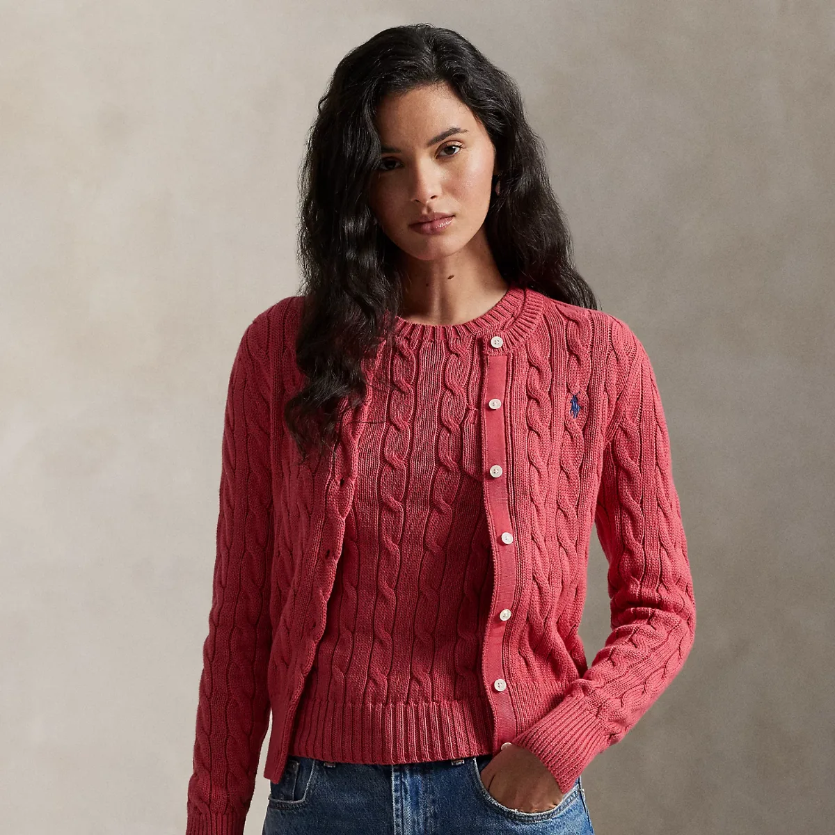 Cable-Knit Cotton Crewneck Cardigan by Ralph Lauren
