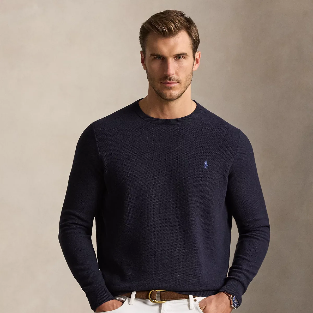 Mesh-Knit Cotton Crewneck Sweater by Ralph Lauren