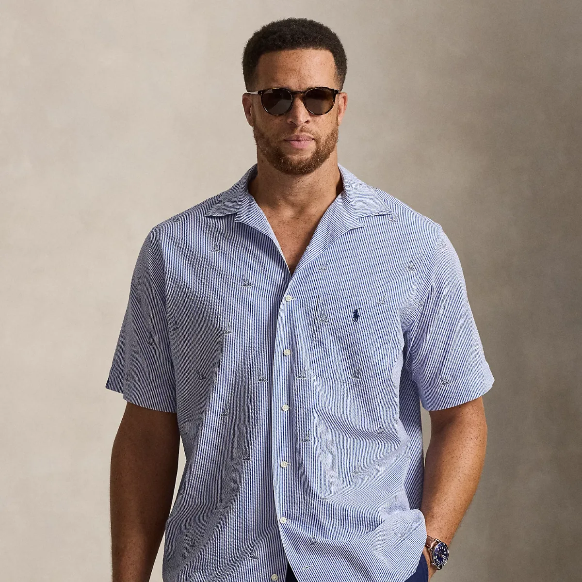 Sailboat-Print Seersucker Shirt by Ralph Lauren