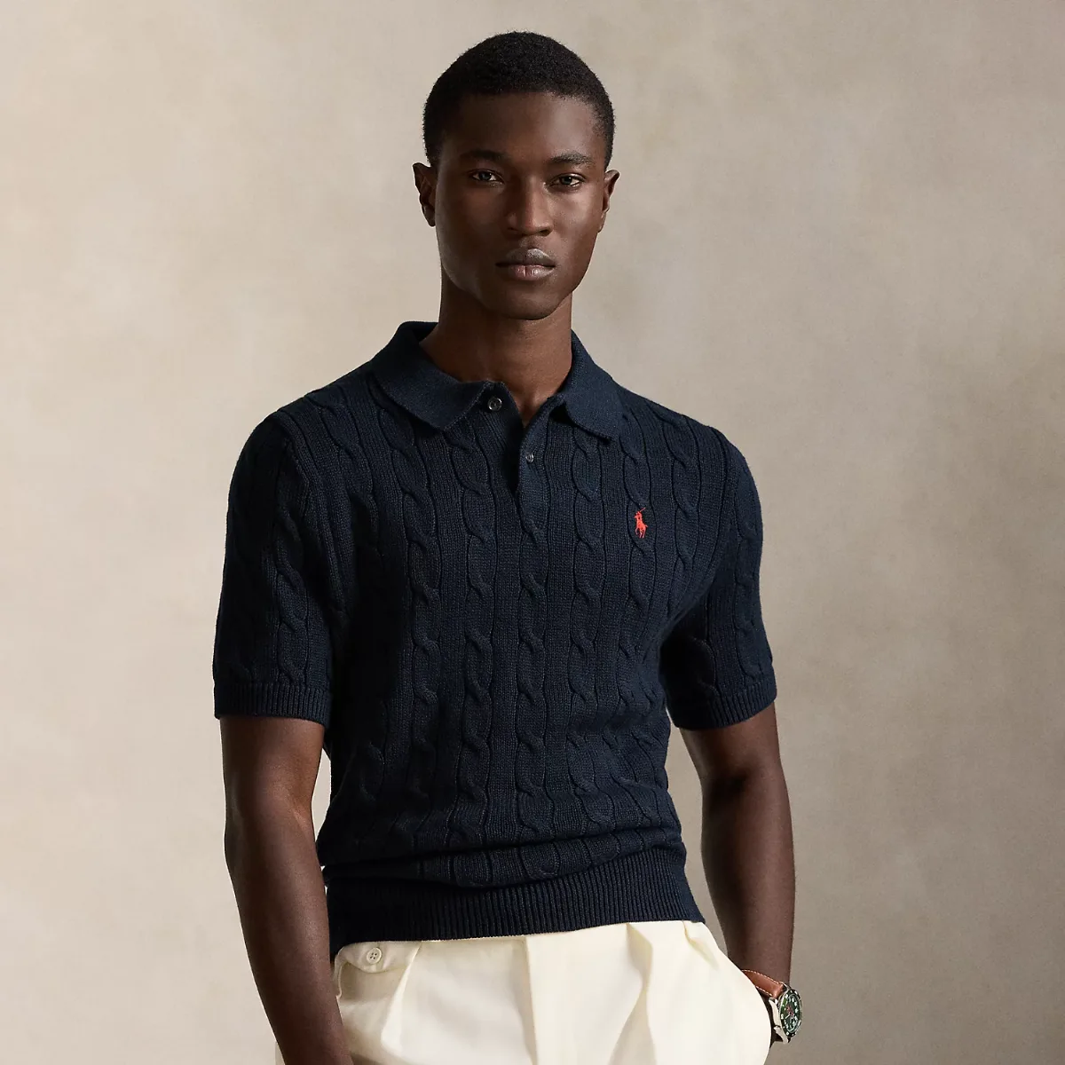 Cable-Knit Cotton Polo Sweater