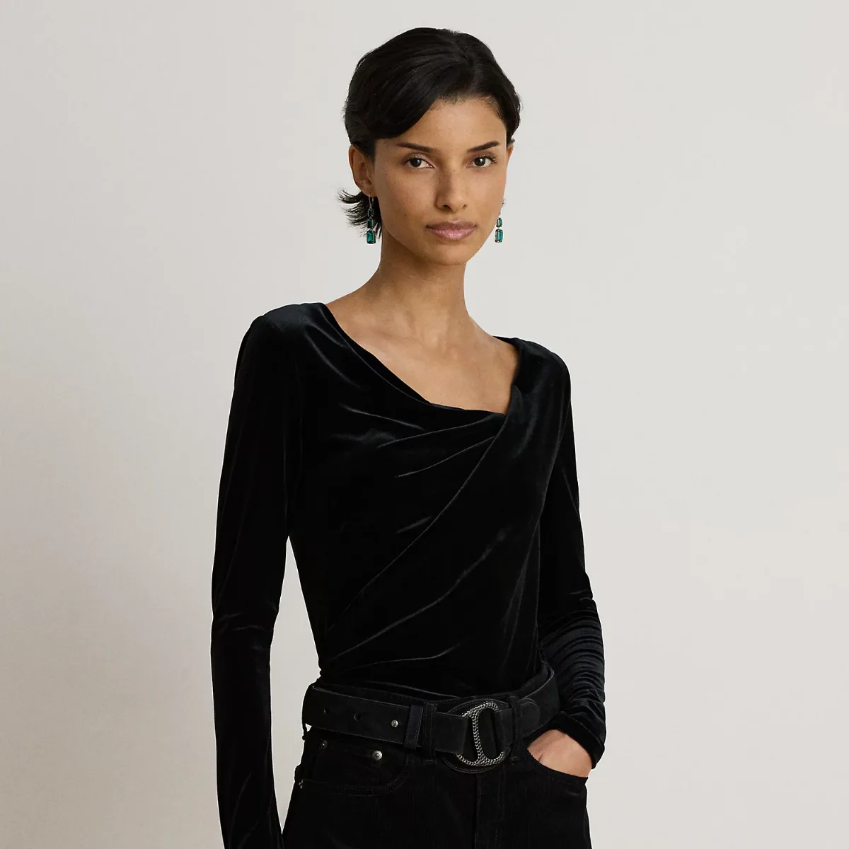 Pleated Velvet Asymmetrical Top by Ralph Lauren