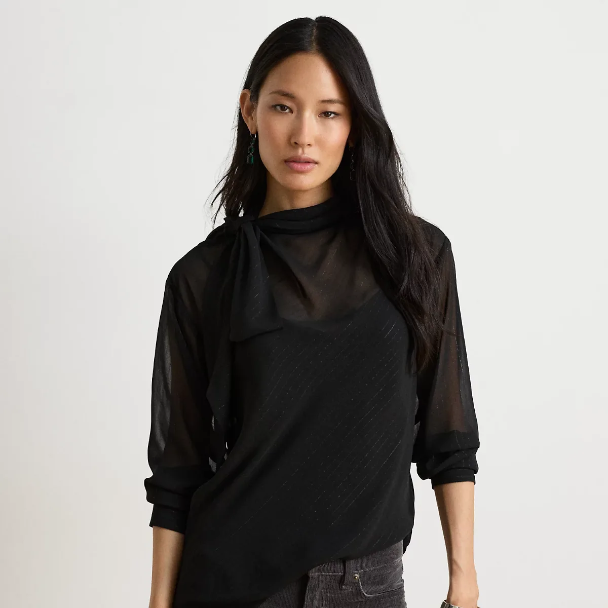 Metallic-Striped Tie-Neck Blouse by Ralph Lauren
