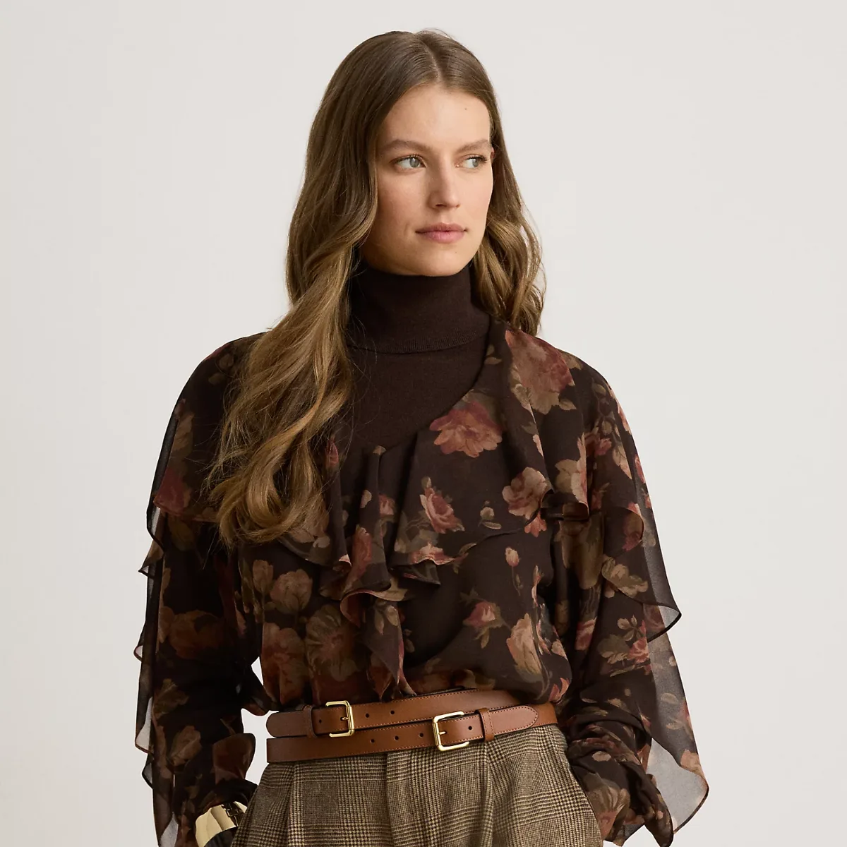 Floral Ruffle-Trim Chiffon V-Neck Blouse by Ralph Lauren