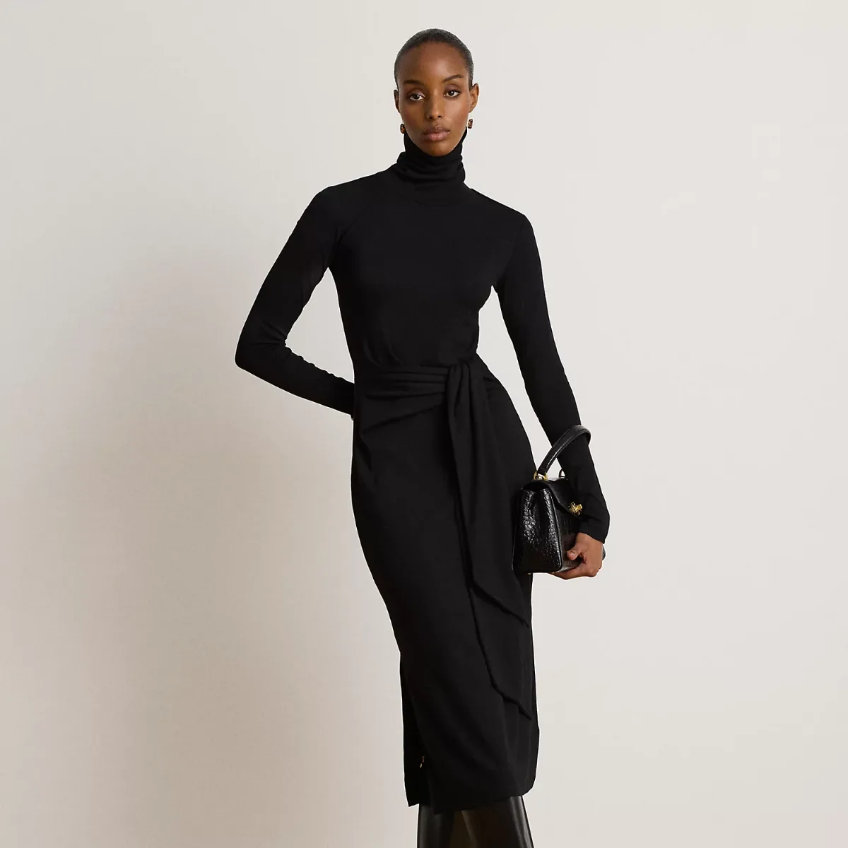 Tie-Front Cotton-Blend Turtleneck Dress