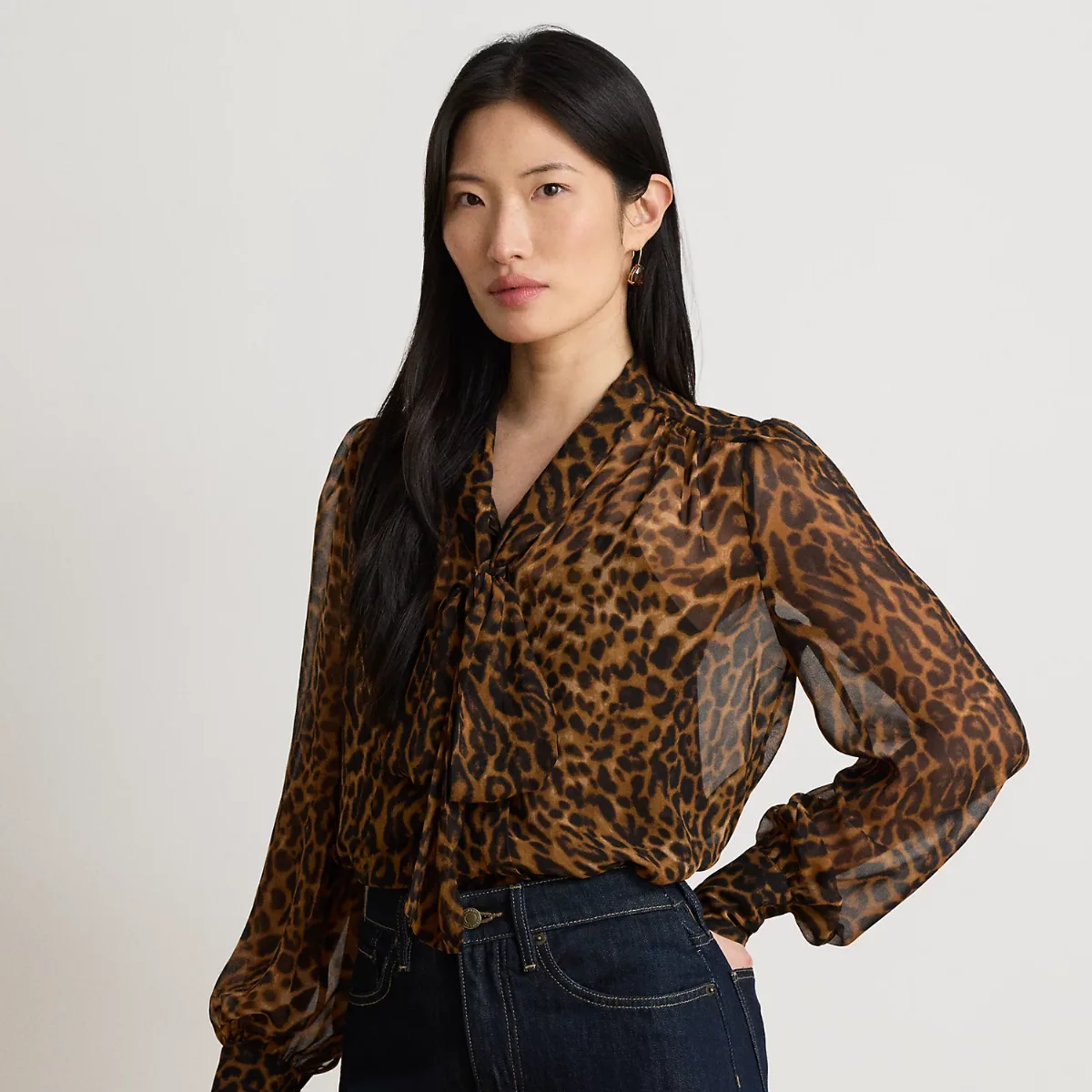 Ocelot-Print Chiffon Tie-Neck Blouse by Ralph Lauren