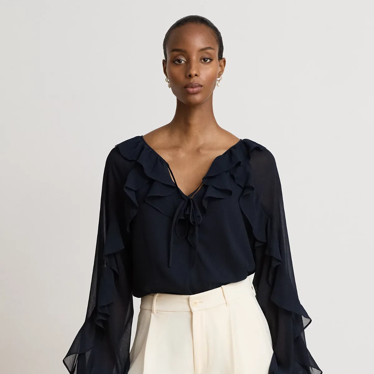 Ruffle-Trim Crinkle Georgette Blouse