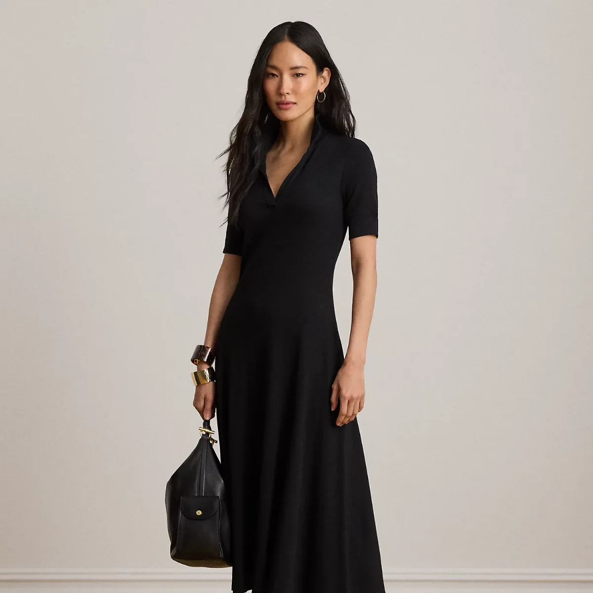 Rib-Knit Elbow-Sleeve Polo Dress