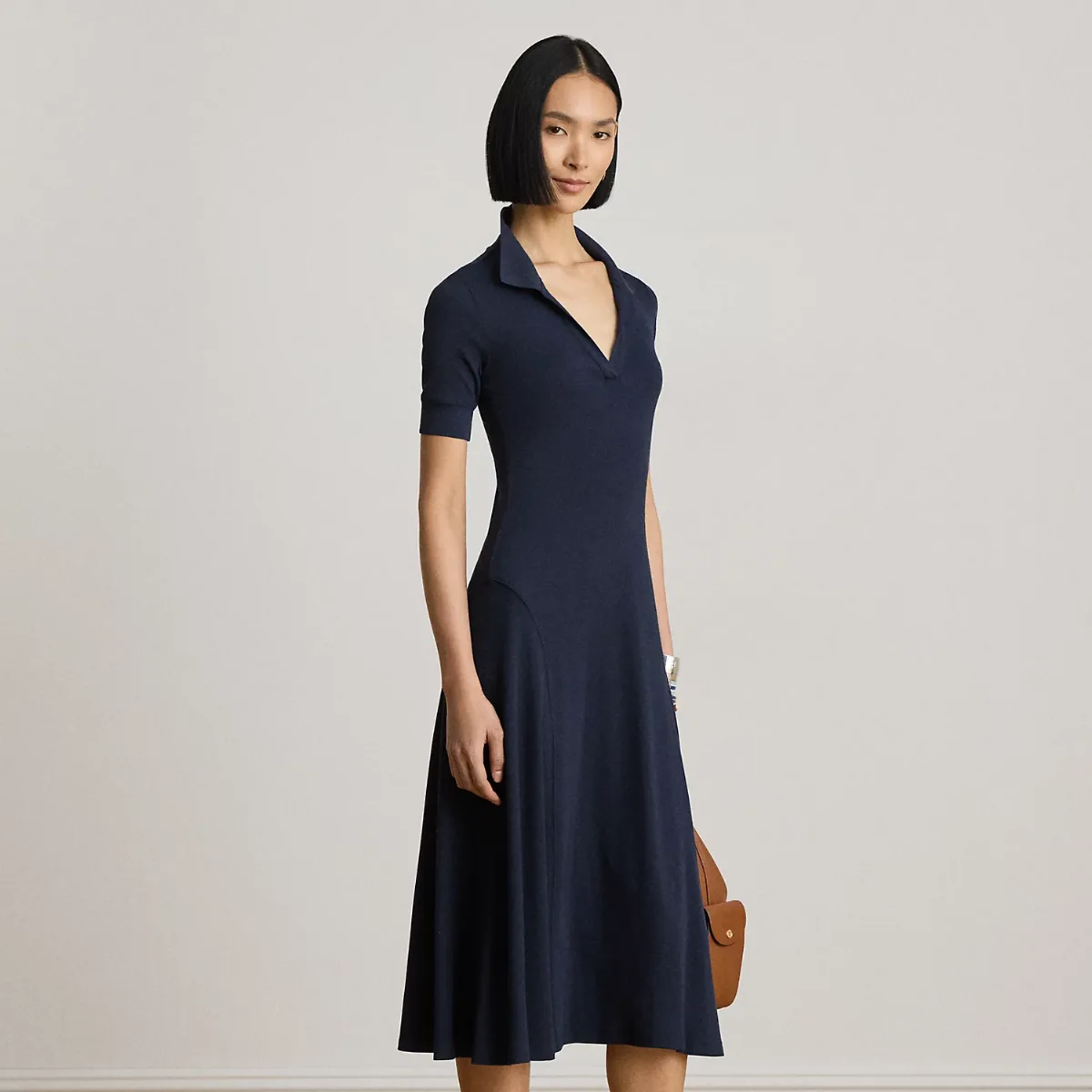 Rib-Knit Elbow-Sleeve Polo Dress