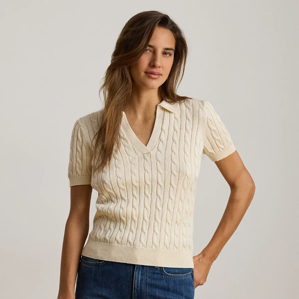 Cable Cotton-Blend Short-Sleeve Sweater by Ralph Lauren