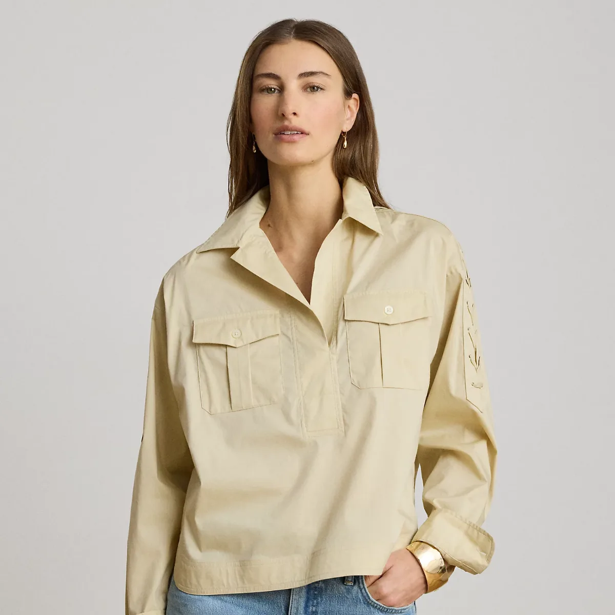 Lace-Up-Trim Cotton-Blend Cropped Shirt by Ralph Lauren