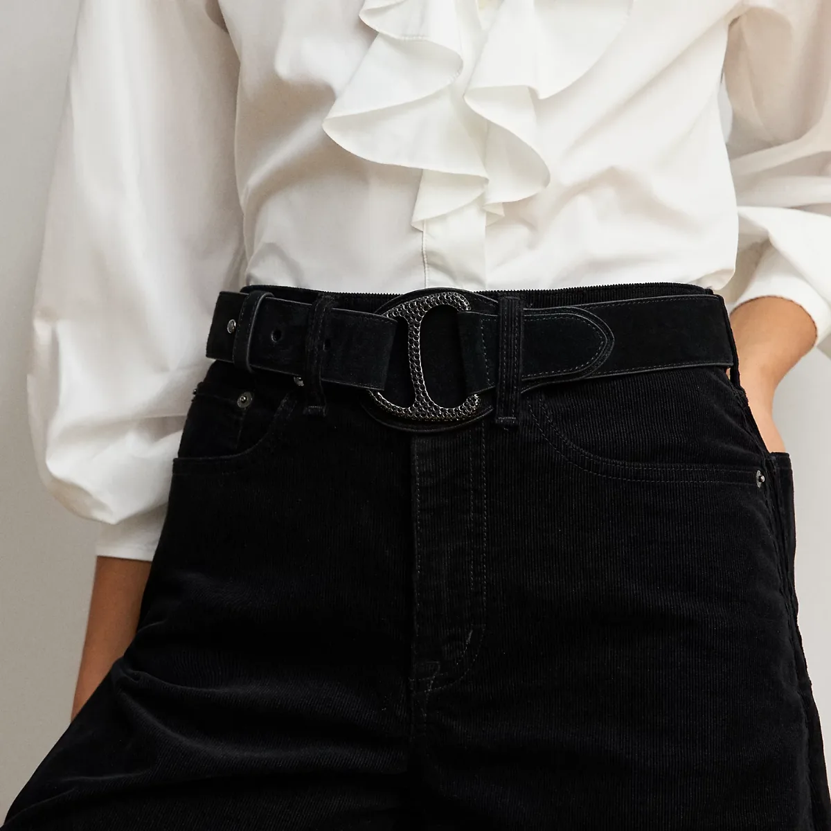 Suede Embellished D-Ring Wide Belt