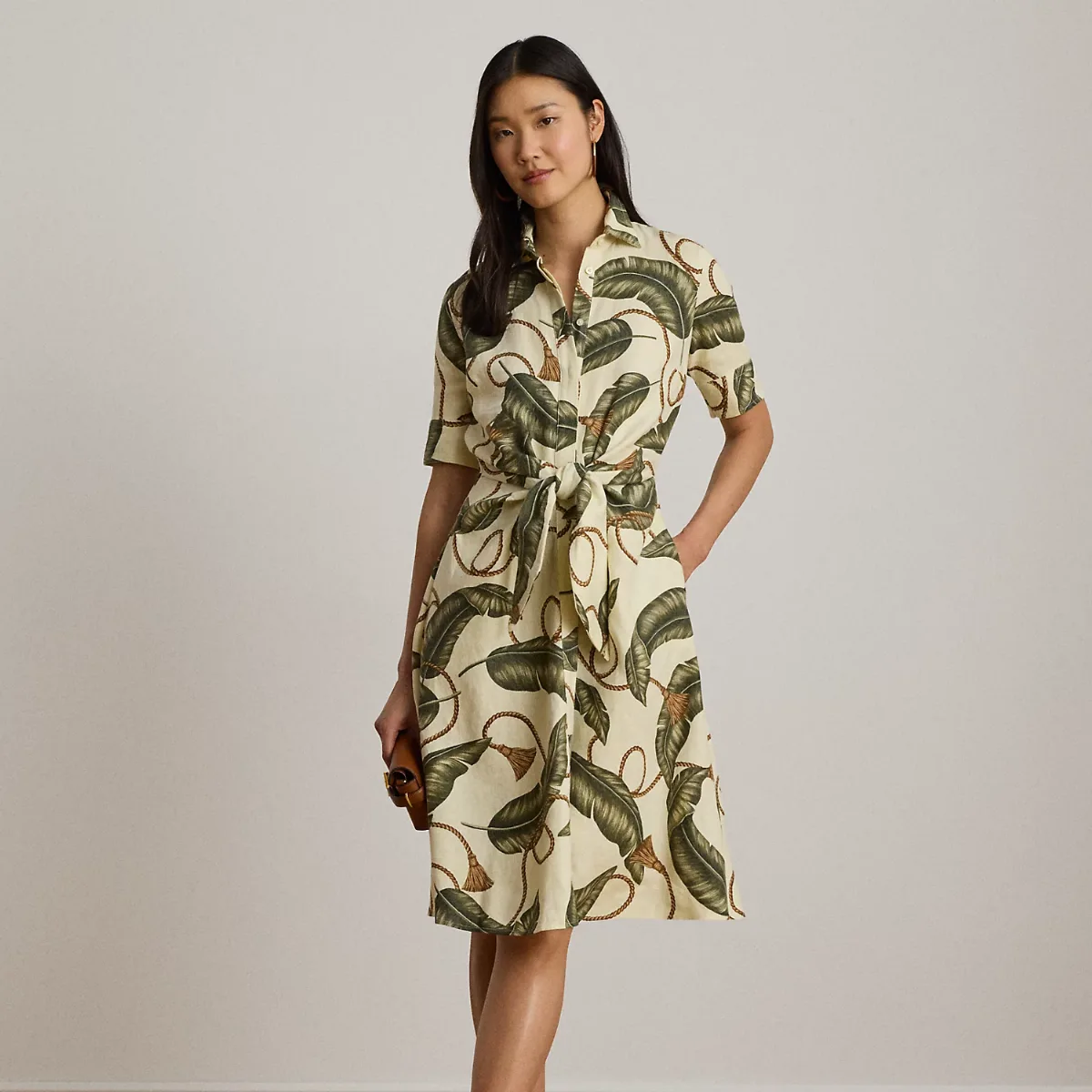 Rope-Print Tie-Front Linen Shirtdress
