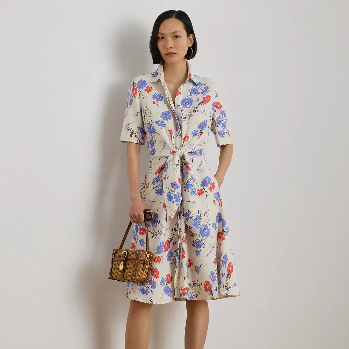 Floral Tie-Front Linen Shirtdress