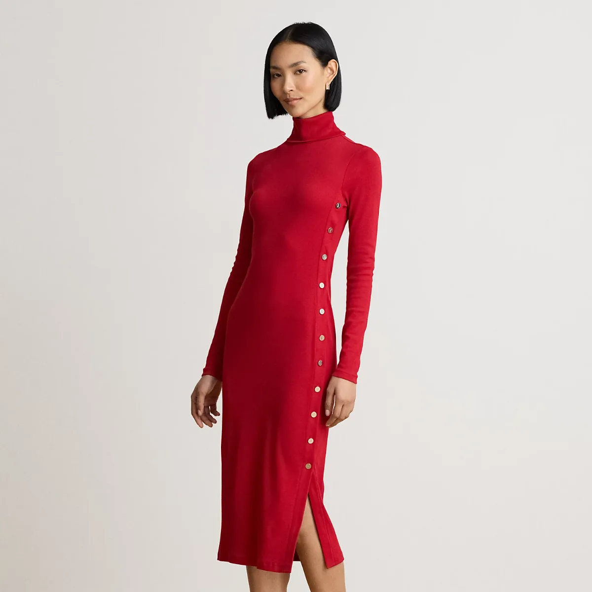 Button-Trim Rib-Knit Turtleneck Dress by Ralph Lauren