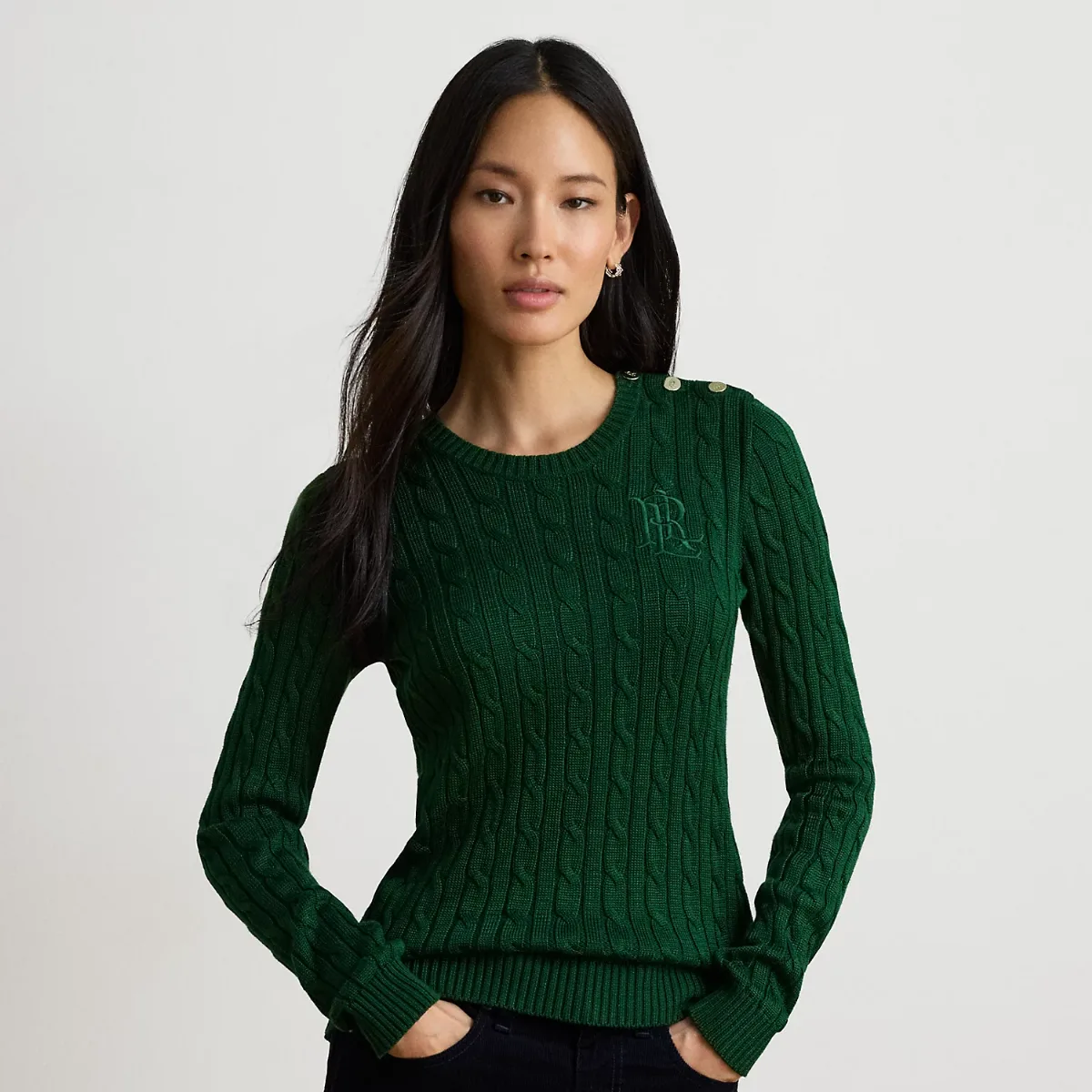 Button-Trim Cable-Knit Sweater