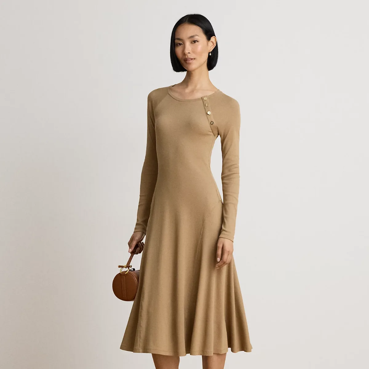 Button-Trim Ribbed Cotton-Blend Dress