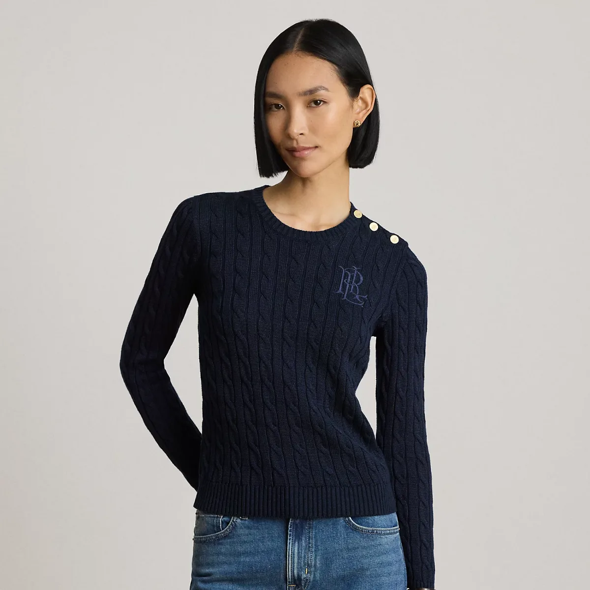 Button-Trim Cable-Knit Sweater