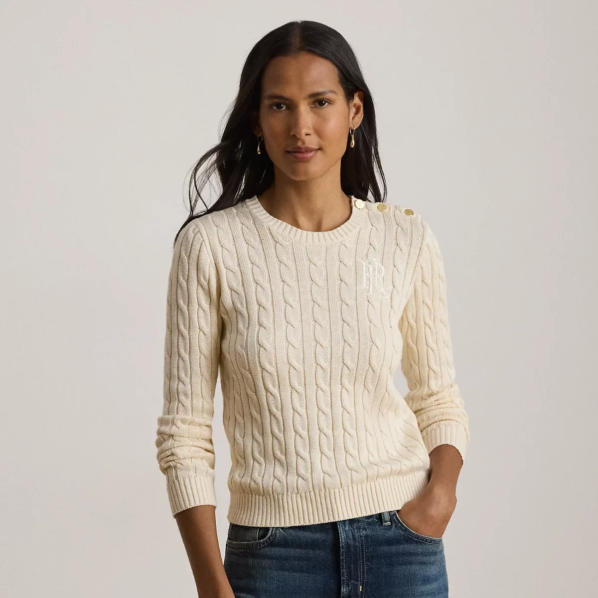 Button-Trim Cable-Knit Sweater