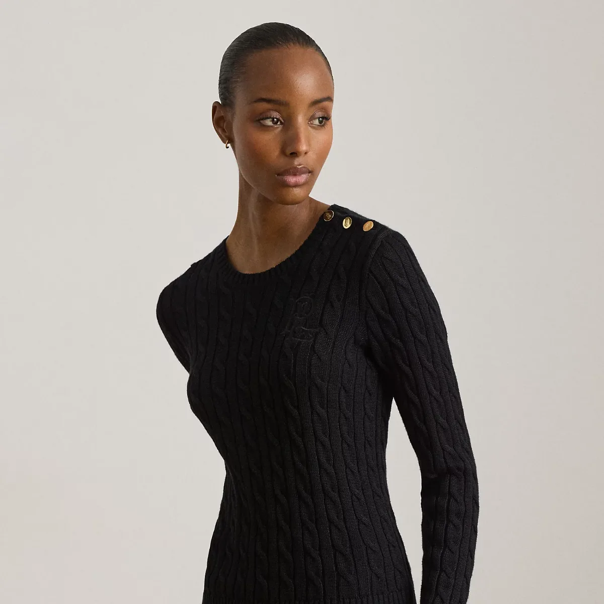 Button-Trim Cable-Knit Sweater