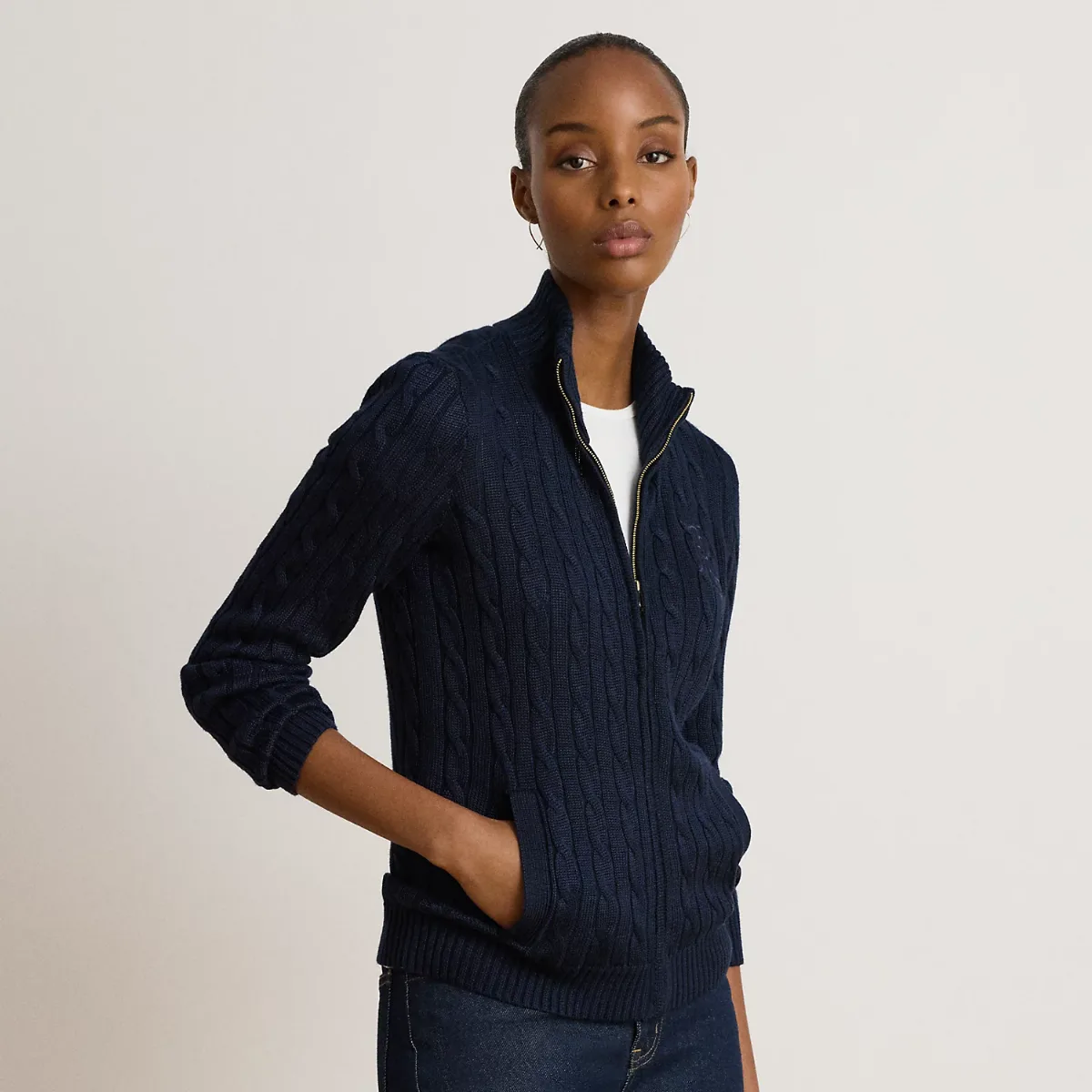 Cable-Knit Full-Zip Mockneck Sweater by Ralph Lauren