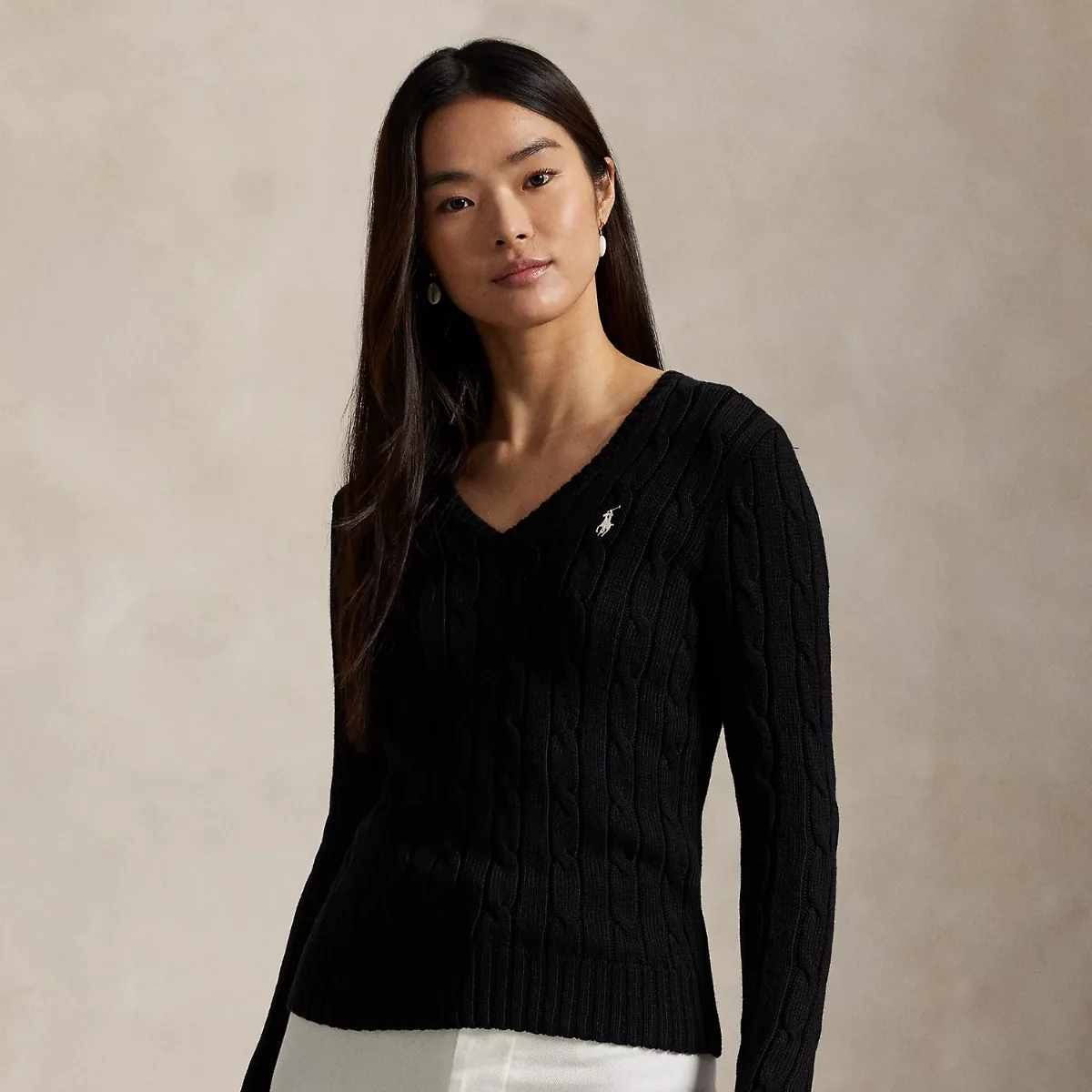 Cable-Knit Cotton V-Neck Sweater by Ralph Lauren
