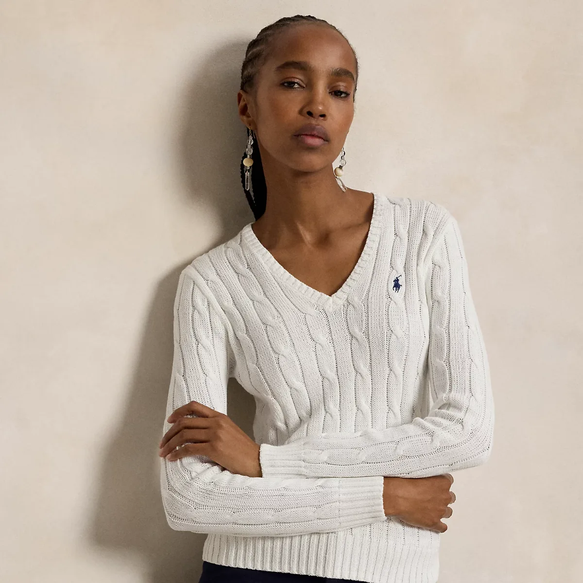 Cable-Knit Cotton V-Neck Sweater