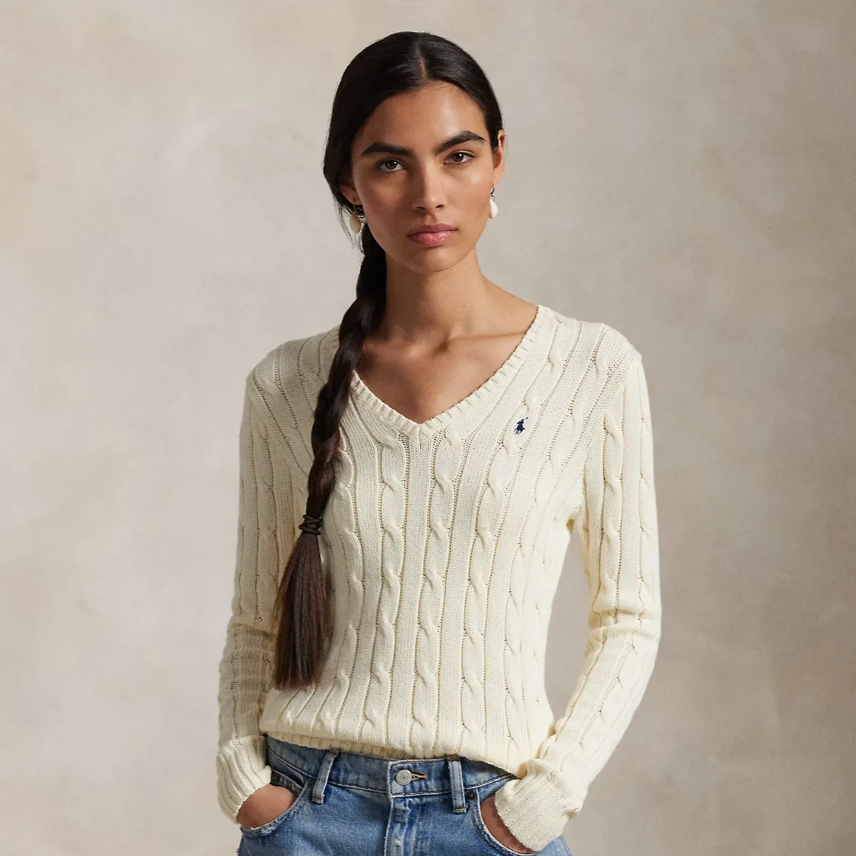 Cable-Knit Cotton V-Neck Sweater