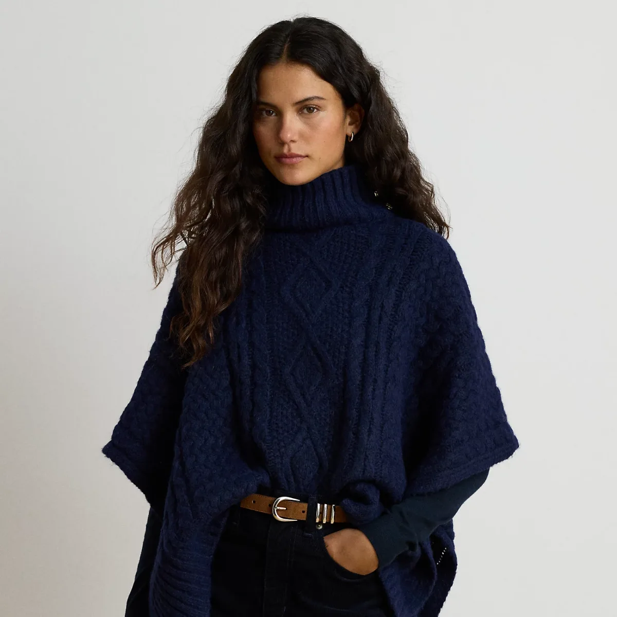 Button-Trim Cable-Knit Mockneck Poncho by Ralph Lauren