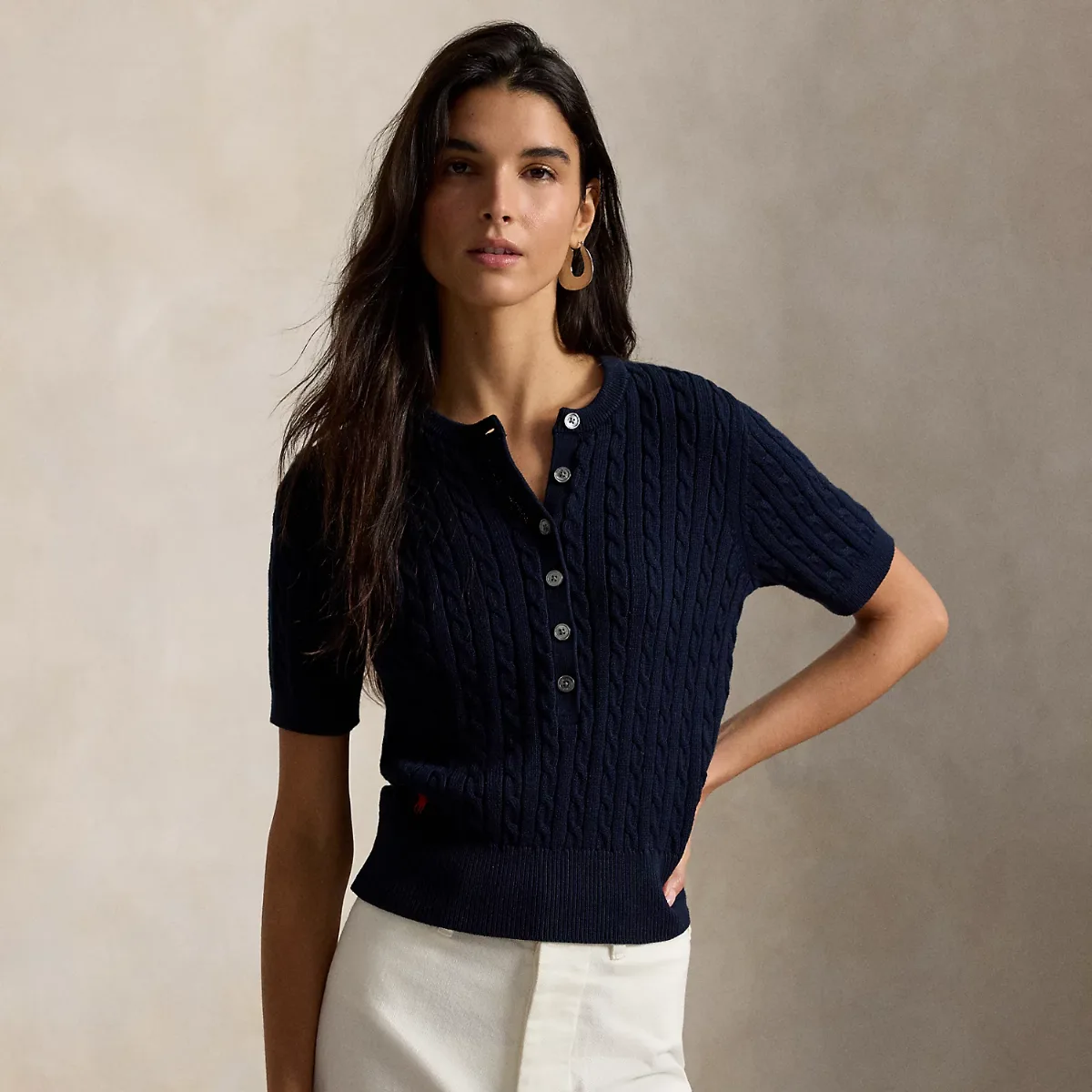 Mini-Cable Short-Sleeve Henley Sweater by Ralph Lauren