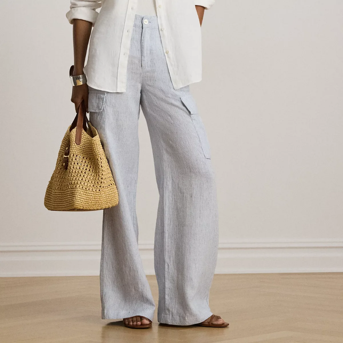 Pinstripe Linen Wide-Leg Cargo Pant by Ralph Lauren