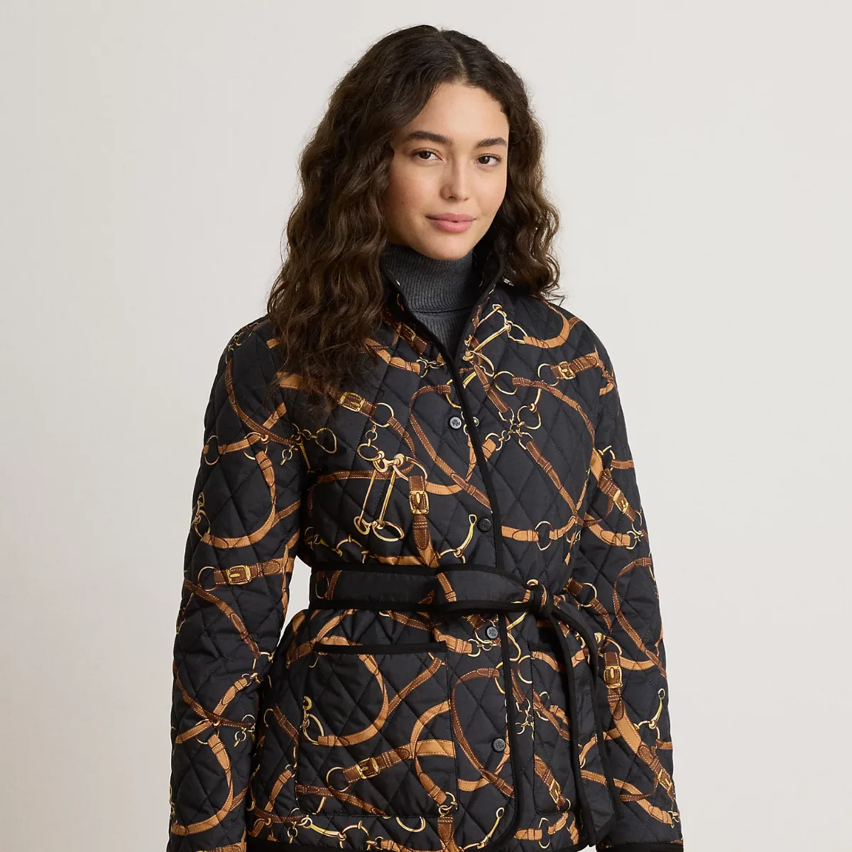 Belting-Print Quilted Mockneck Jacket by Ralph Lauren
