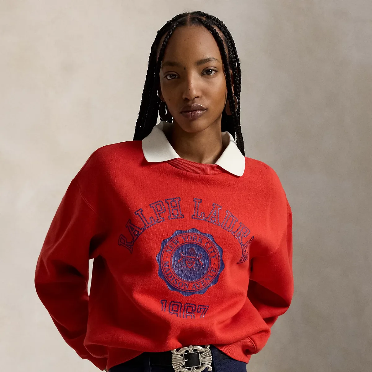 Crest Polo-Collar Fleece Crewneck