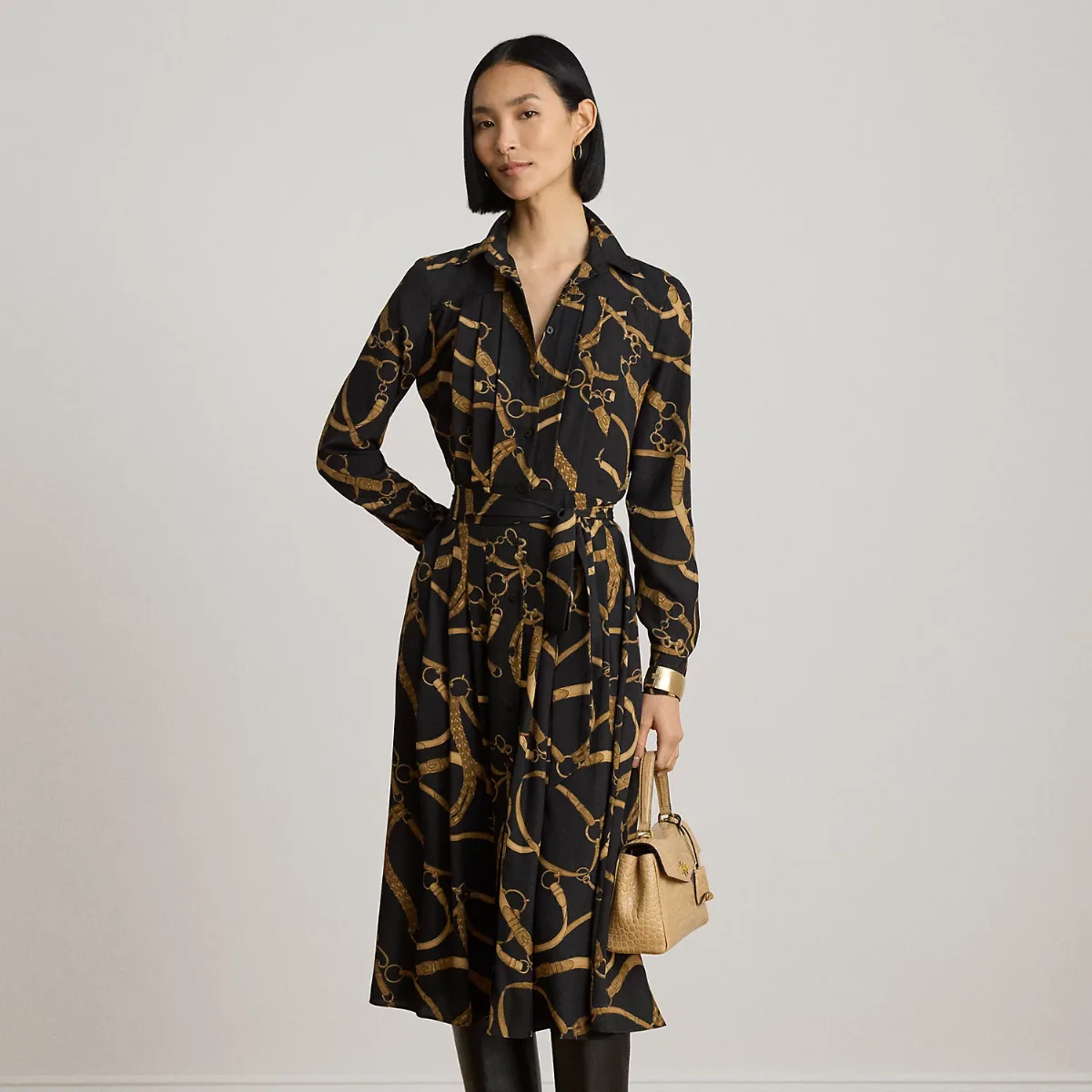 Belting-Print Pleated Crepe Shirtdress by Ralph Lauren